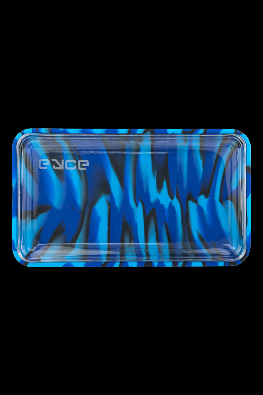 Blue and black silicone rolling tray with "erace" logo.