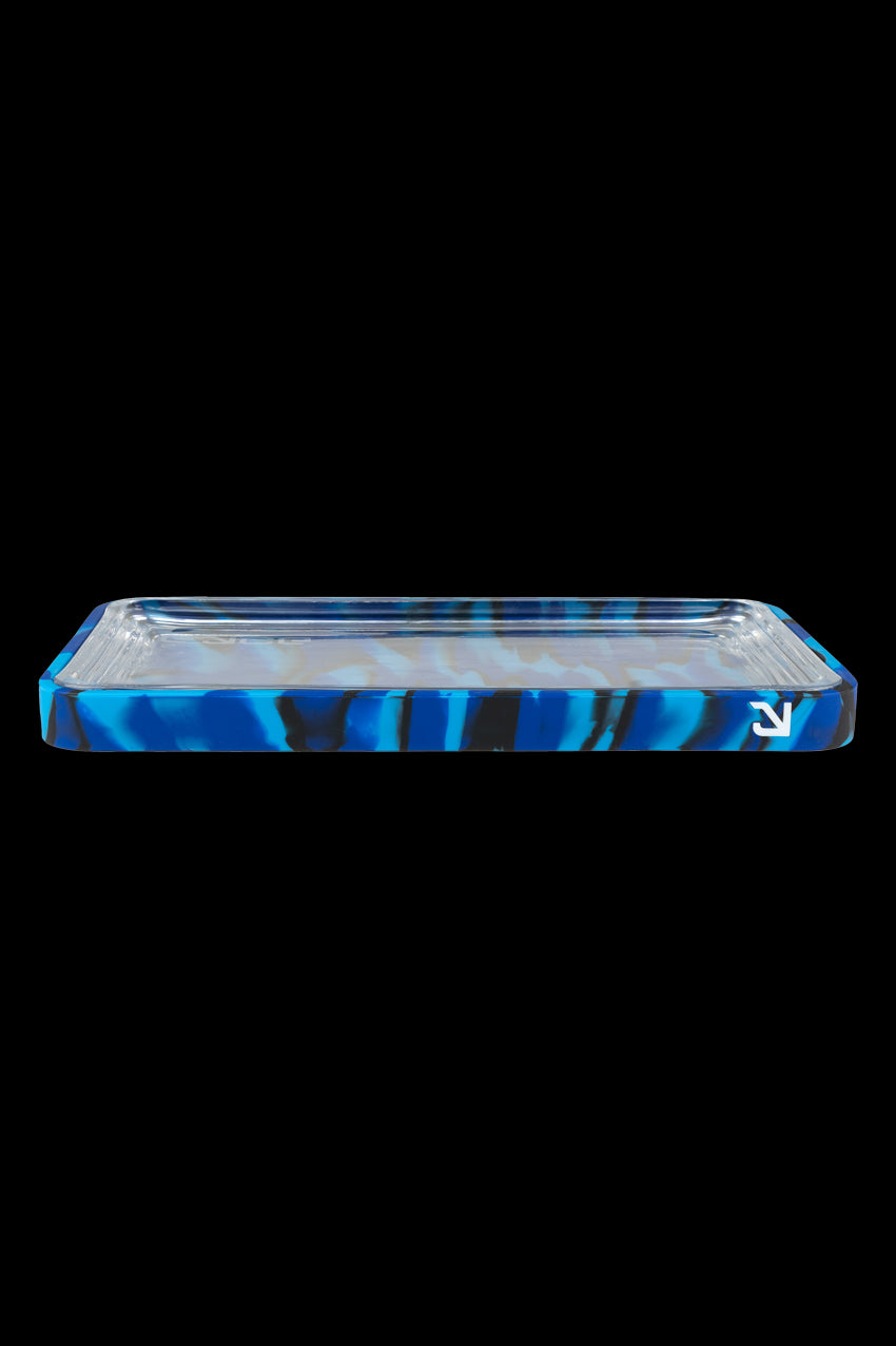 Blue glass rolling tray with textured surface, studio shot.