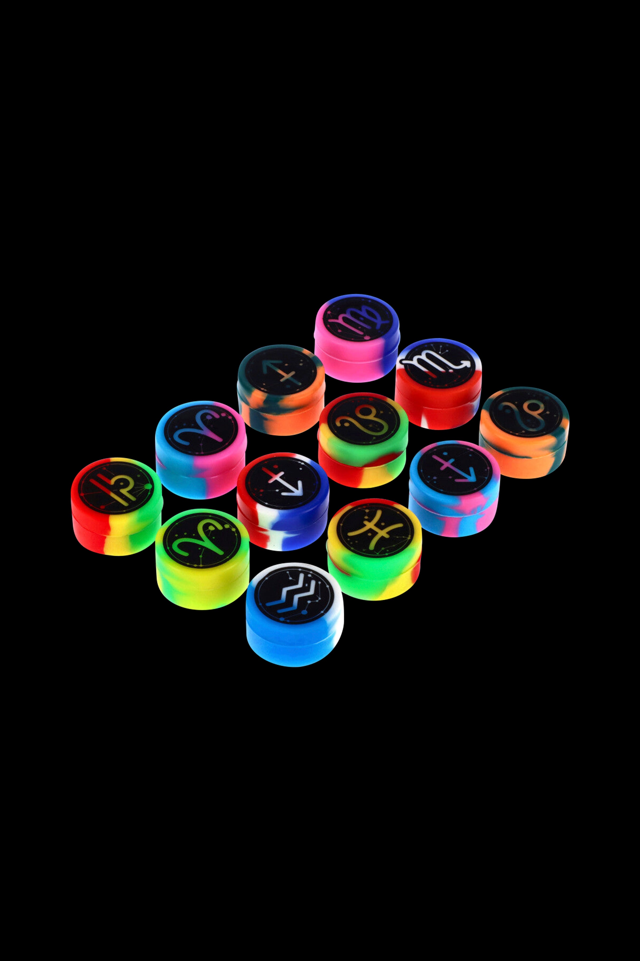 Colorful silicone caps with zodiac signs arranged in a pyramid shape, likely for use with cannabis accessories.