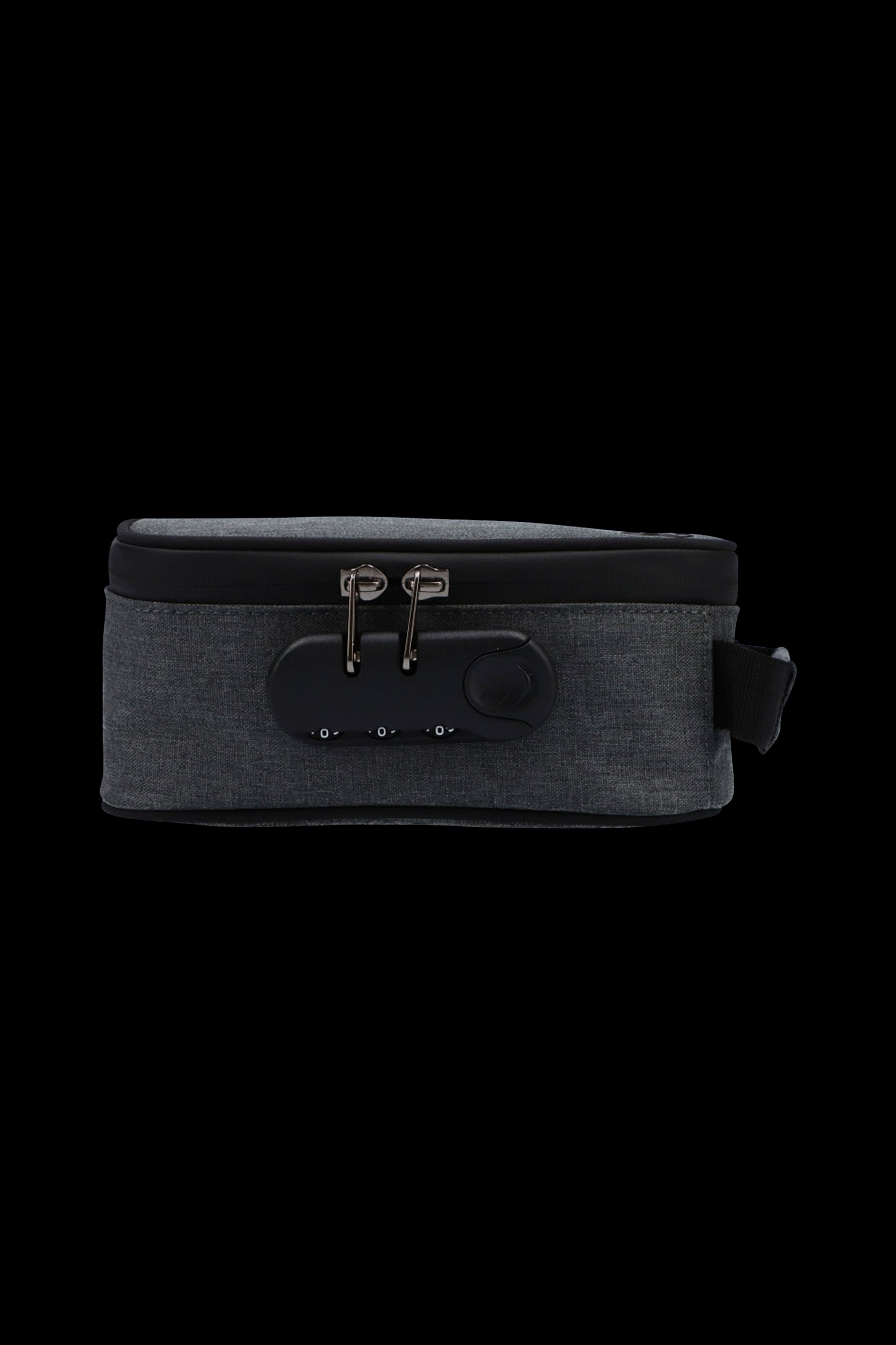 Close-up front view of the Famous Brandz Smell Proof Stash Case with Lock showing its gray fabric exterior, dual zipper pulls and combination lock.