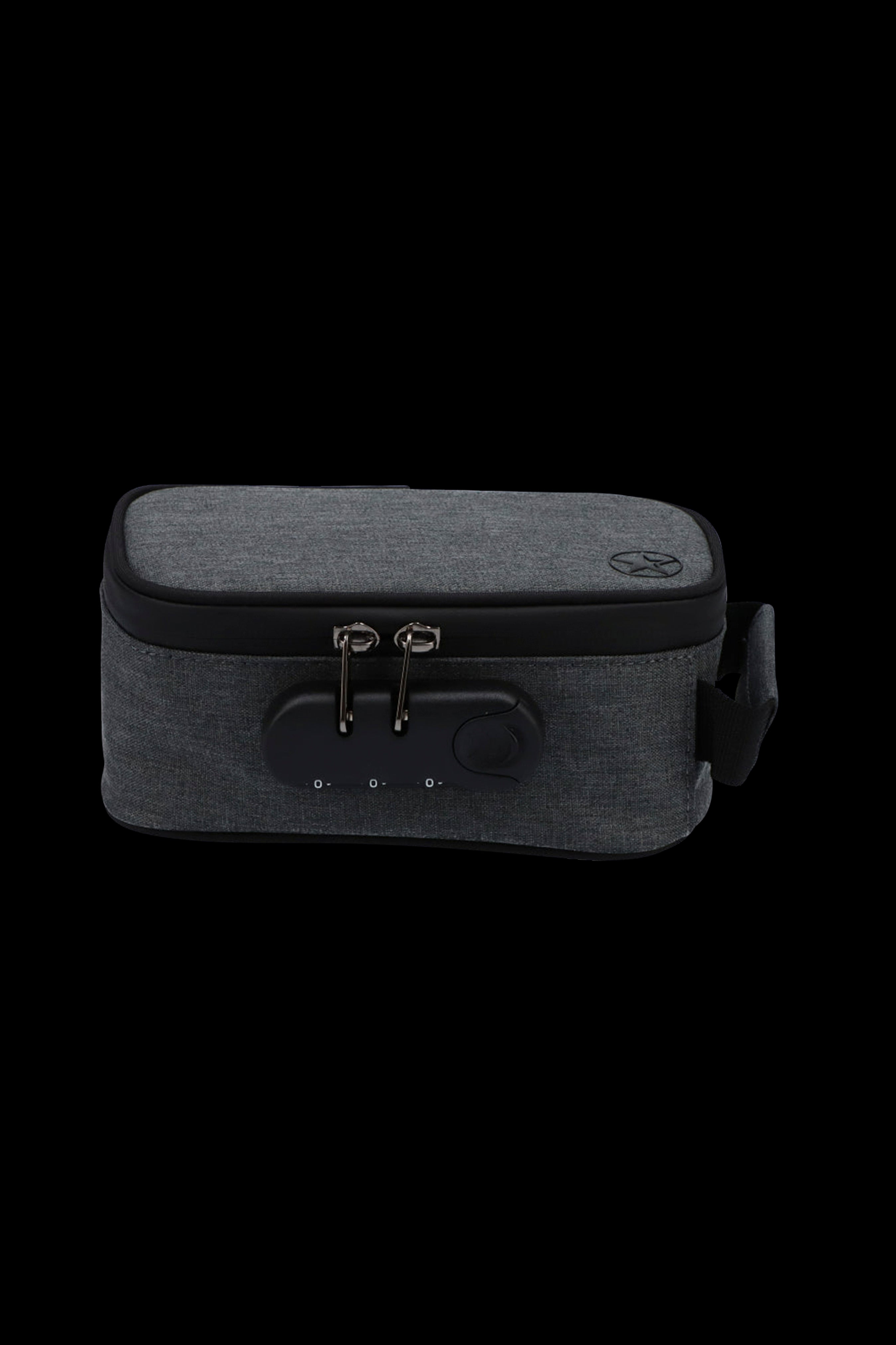 Front-facing view of the grey Famous Brandz Smell Proof Stash Case with Lock showing the textured fabric top, metal zipper pulls and combination lock panel.