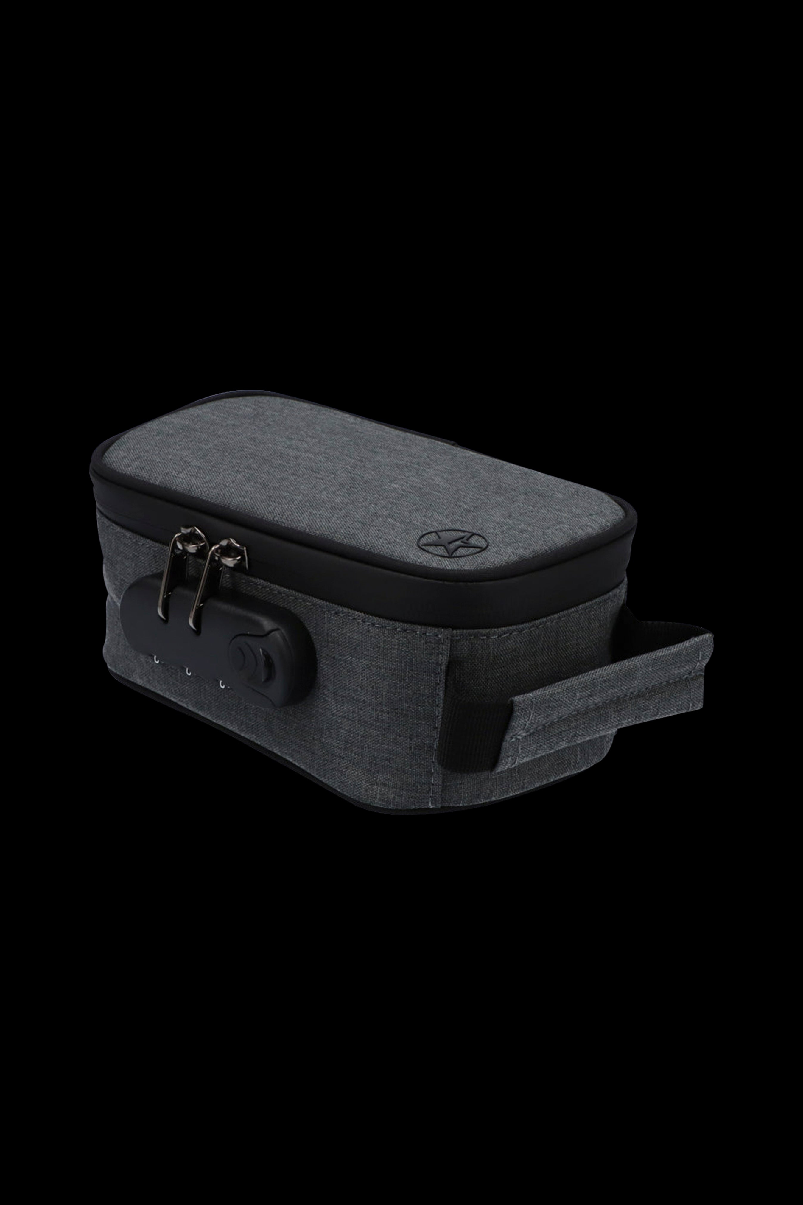 Angled close-up of the gray Famous Brandz Smell Proof Stash Case with Lock showing its textured fabric, top logo, metal zipper pulls, and combination lock.