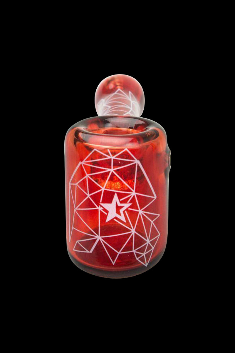 Front view of the “Famous Brandz Space Hammer” hand pipe, showcasing its red glass and geometric design.