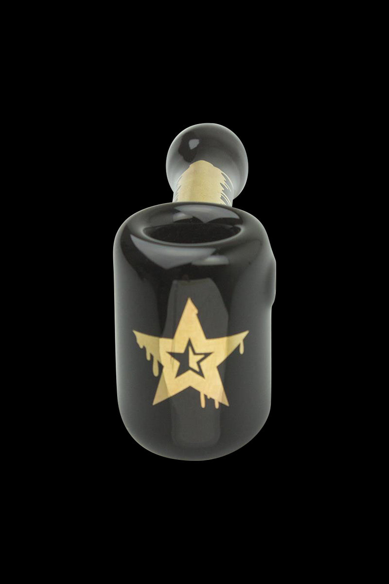 A studio shot of the "Famous Brandz Surrender" Hammer Hand Pipe, showcasing its dark glass construction and unique shape.