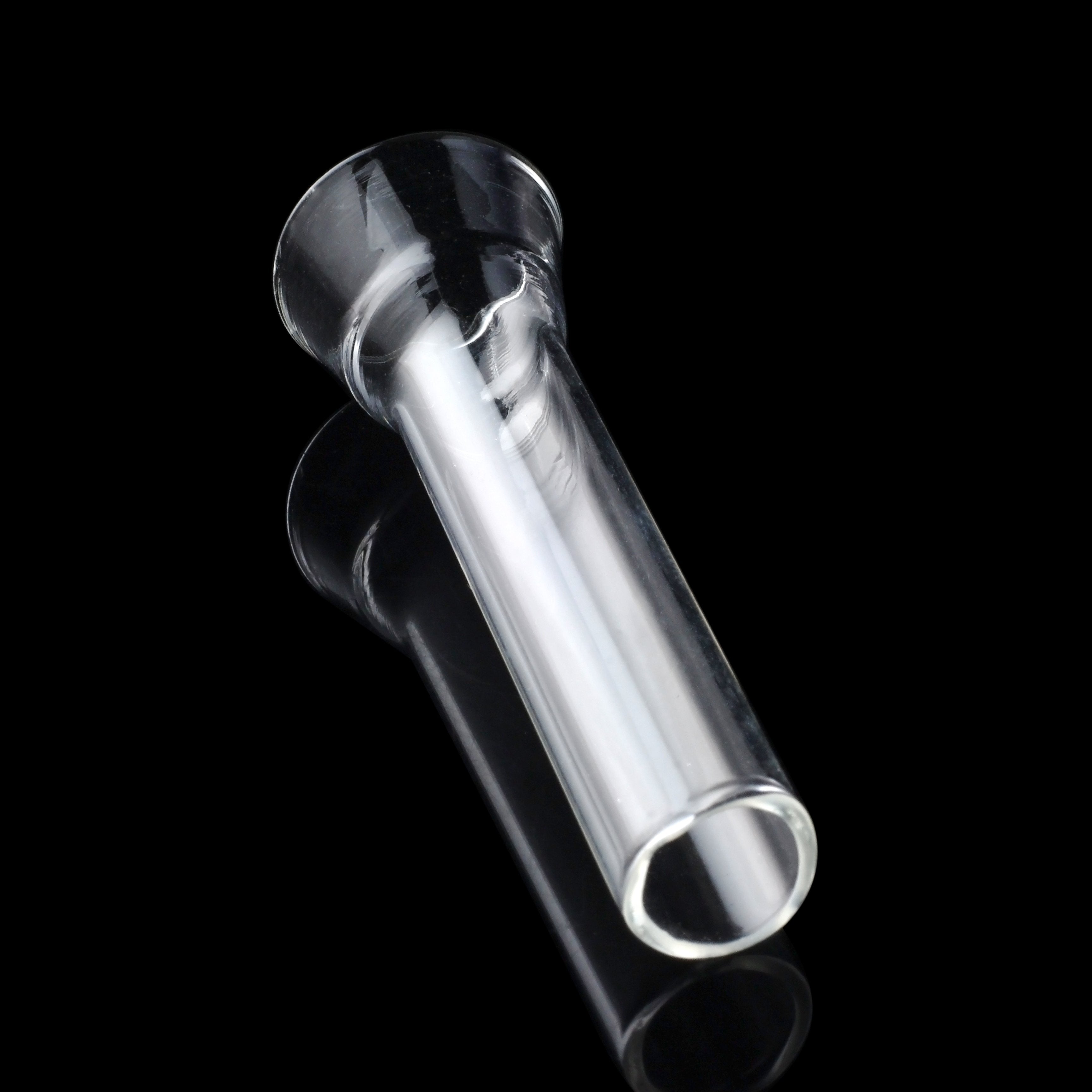 Clear glass smoking pipe on a black reflective surface.