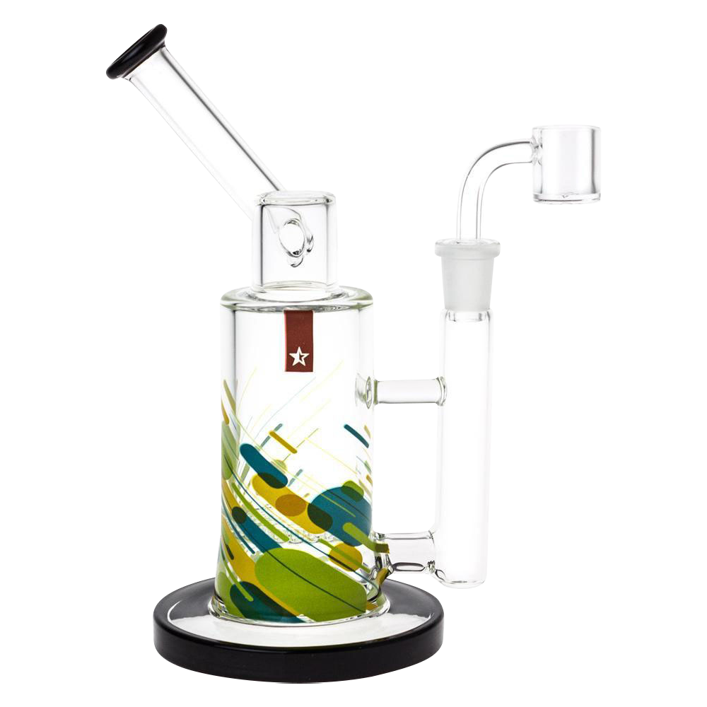 Angled front view of the Famous Brandz "Versuz" Sidecar Rig with Quartz Banger showing its cylindrical body with green and blue abstract swirls, slanted mouthpiece, and clear sidecar quartz banger.