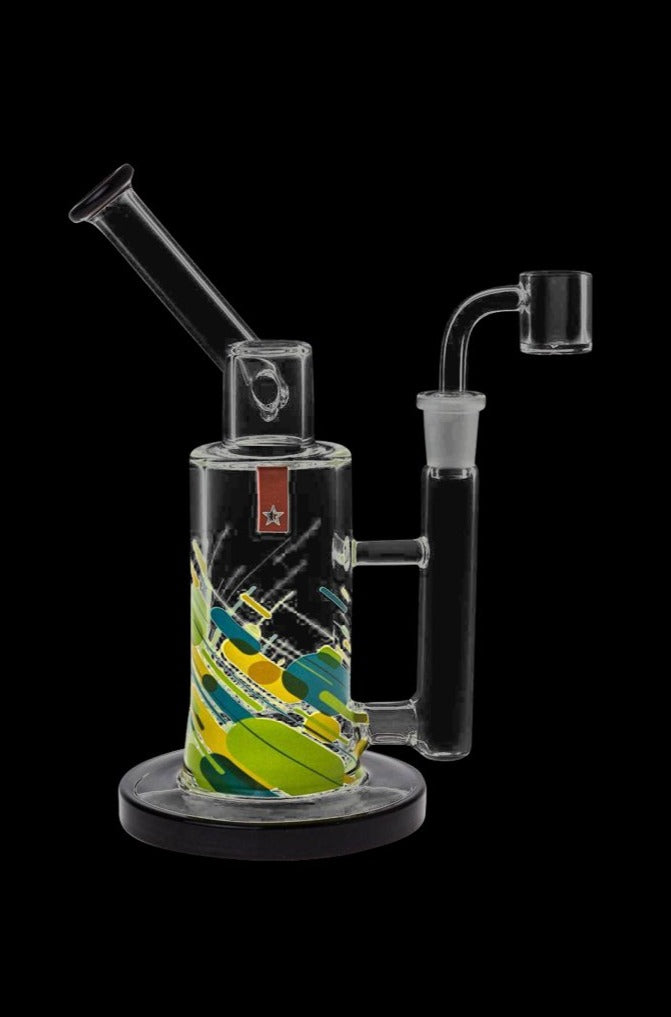 Angled front view of the Famous Brandz "Versuz" Sidecar Rig with Quartz Banger showing colorful green and yellow swirl artwork.