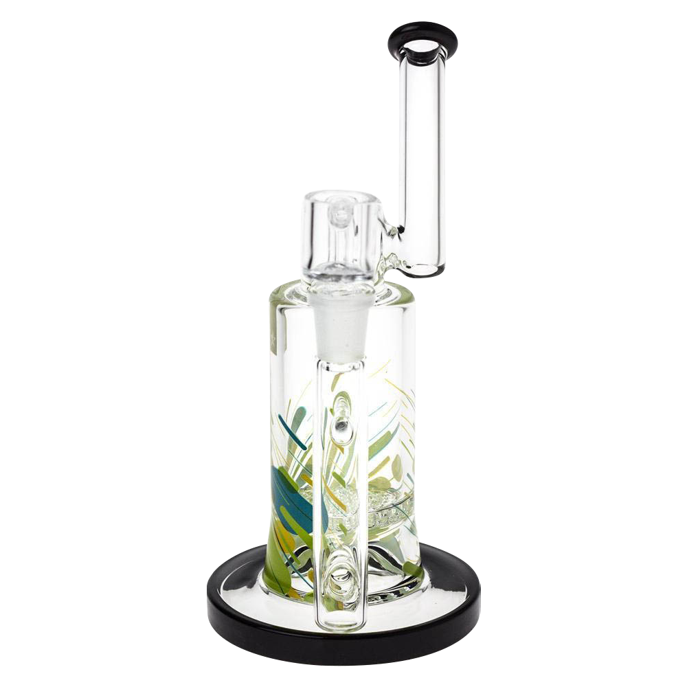 Front view of the Famous Brandz "Versuz" Sidecar Rig with Quartz Banger showing its clear glass chamber with green and blue leaf-like accents and a black-rimmed mouthpiece.