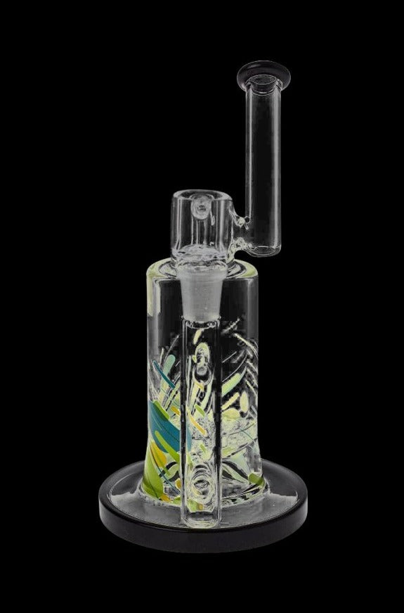 Front view of the Famous Brandz "Versuz" Sidecar Rig with Quartz Banger showing its clear glass chamber with colorful internal swirls and a vertical mouthpiece against a black background