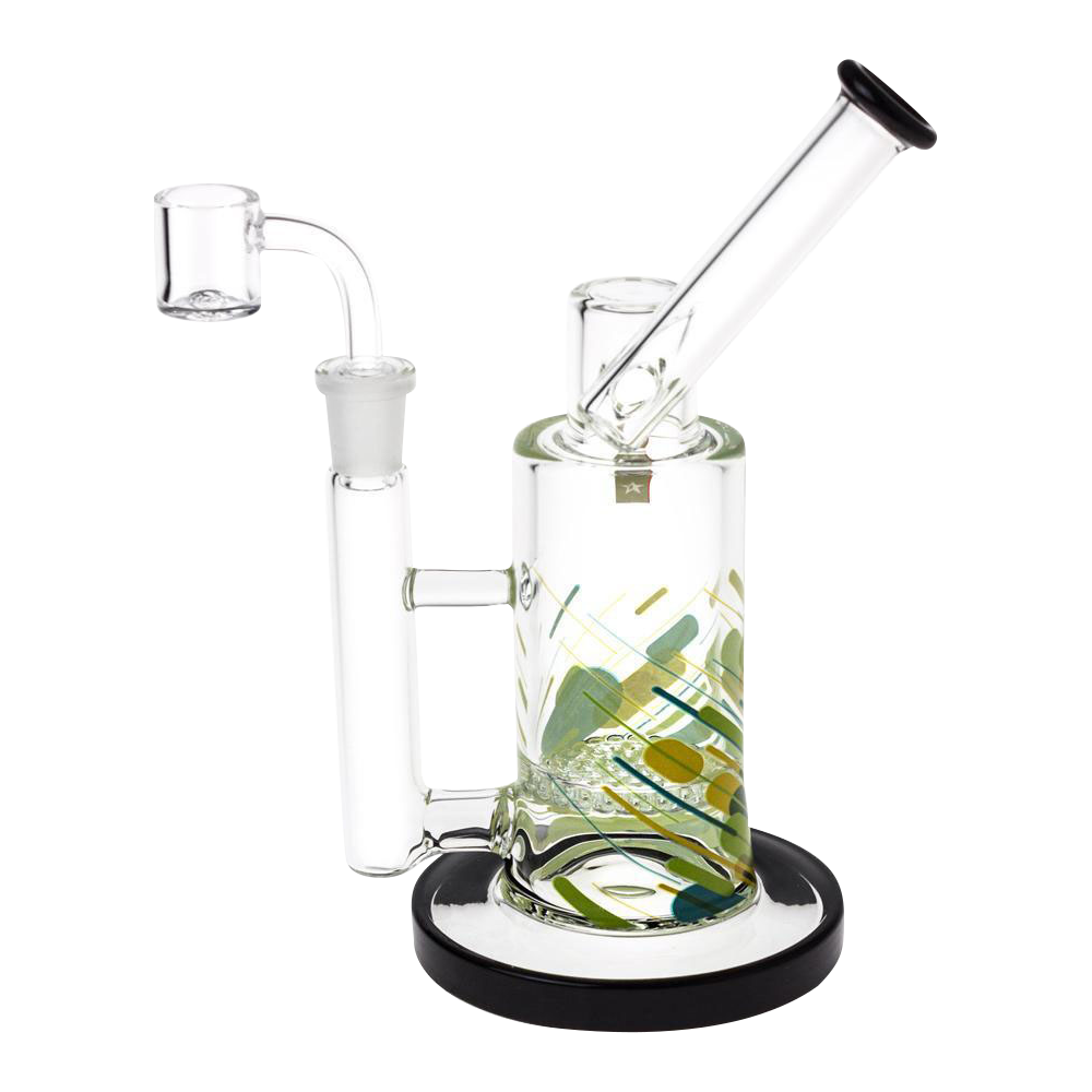 Angled studio shot of the Famous Brandz "Versuz" Sidecar Rig with Quartz Banger showing its tilted mouthpiece, clear glass sidecar chamber with green and yellow swirl accents, and black-rimmed circular base.