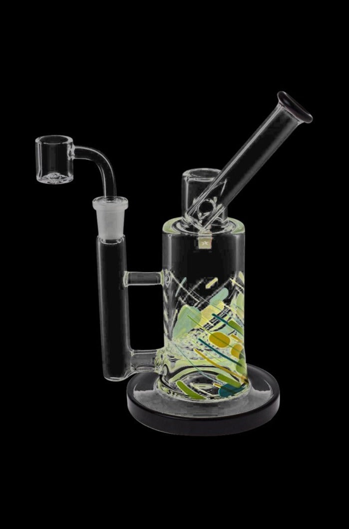 Angled front view of the Famous Brandz "Versuz" Sidecar Rig with Quartz Banger showing colorful abstract swirls on clear glass.