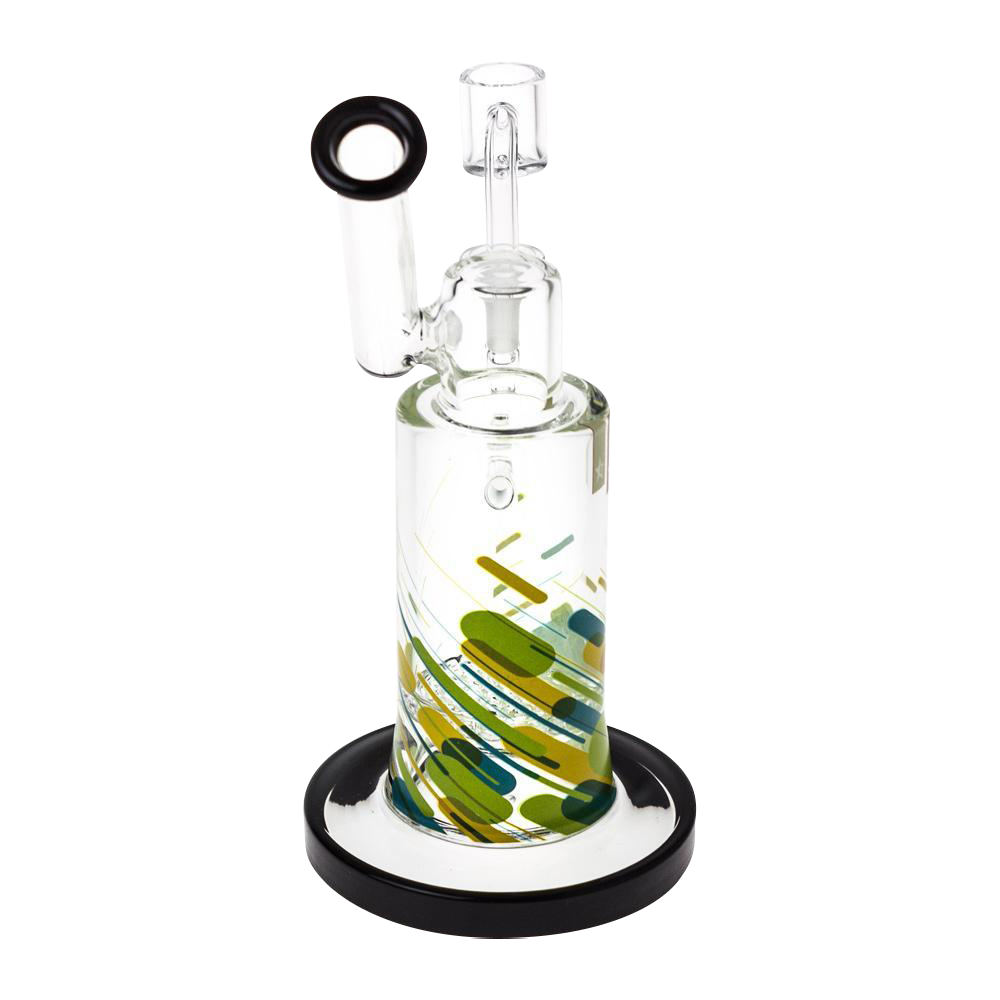 Front view of the Famous Brandz "Versuz" Sidecar Rig with Quartz Banger showing a clear glass chamber with green and yellow abstract swirls and a black-rimmed mouthpiece.