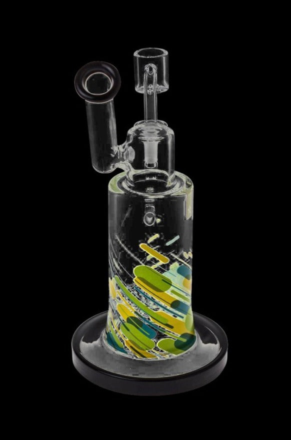 Front view of the Famous Brandz "Versuz" Sidecar Rig with Quartz Banger showing a clear glass body with colorful yellow and green swirls on a round black base against a black background.