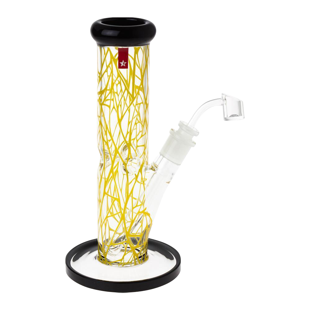Front three-quarter view of the Famous Brandz "Contact" 10" Straight Tube with Banger showing its clear glass tube decorated with yellow vine-like lines, black rim and base, and angled glass banger.