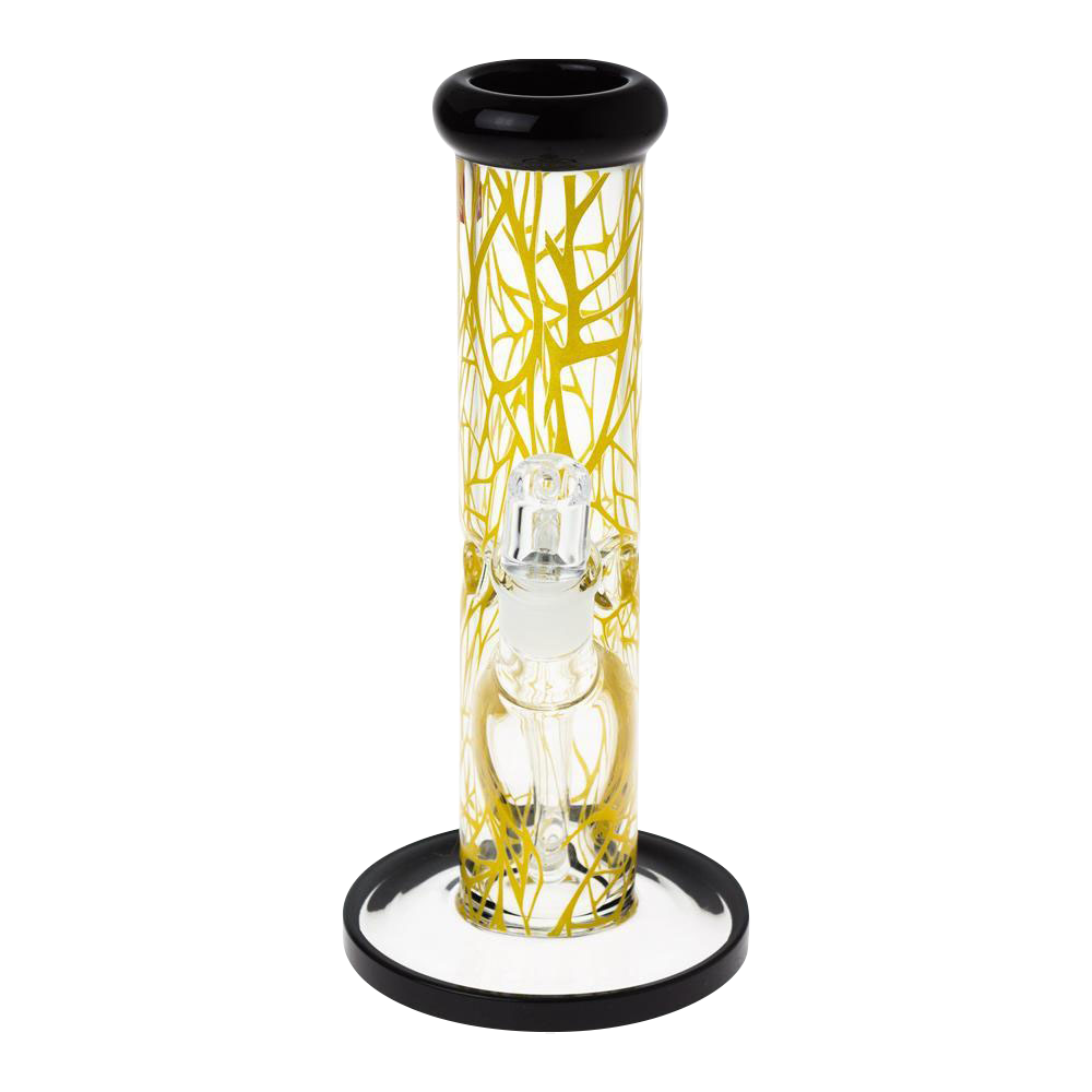 Straight front view of the Famous Brandz "Contact" 10" Straight Tube with Banger showing yellow vine-like patterns on clear glass and black rimmed mouth and base