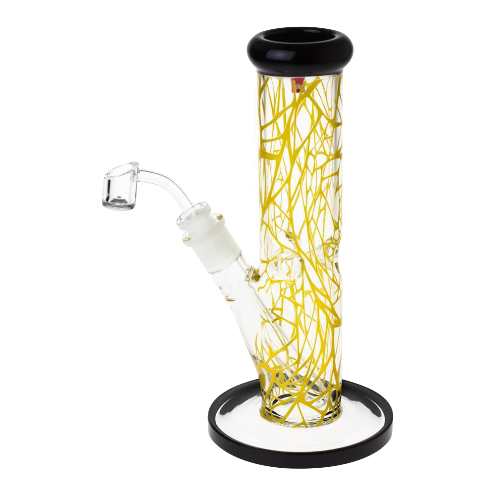 Angled front view of the Famous Brandz "Contact" 10" Straight Tube with Banger showing clear glass wrapped in yellow squiggle patterns, black-rimmed mouthpiece and base.