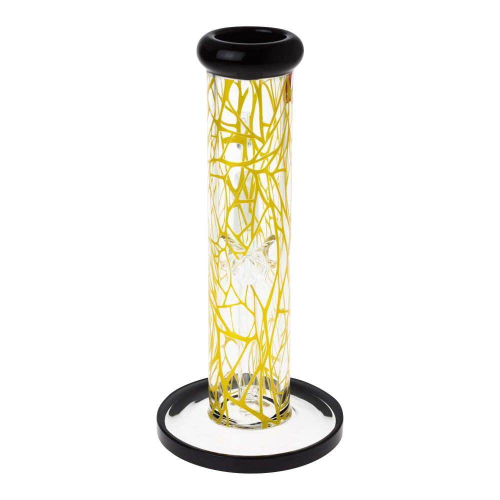 Straight front view of the Famous Brandz "Contact" 10" Straight Tube with Banger, clear glass cylinder with yellow webbing and black rim.