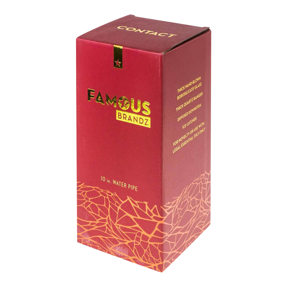 Angled front view of the Famous Brandz "Contact" 10" Straight Tube with Banger red and gold retail box, shown on a white background.