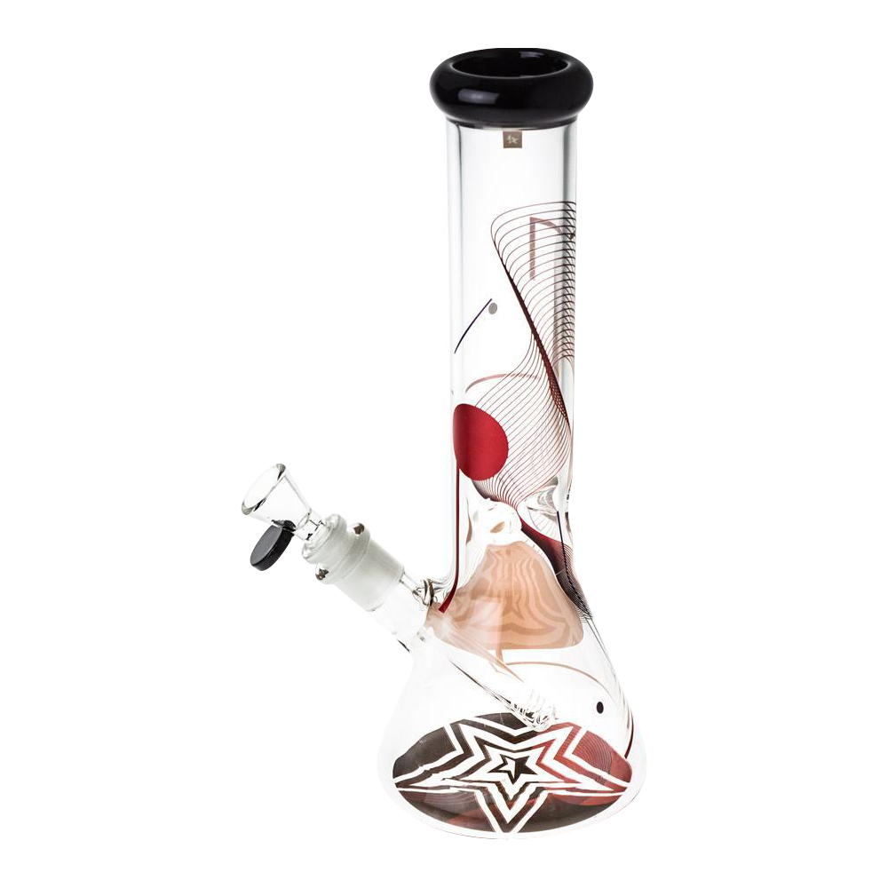 Front view of the Famous Design "GOA" Beaker Bong, showcasing a clear glass body with colorful swirling patterns and a wide base.