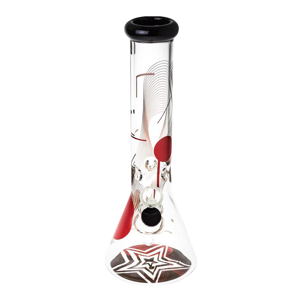 Front view of the Famous Design "GOA" Beaker Bong, a clear glass piece with a wide base and curved neck.