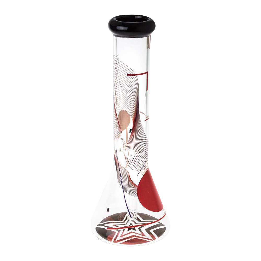 Front view of the Famous Design "GOA" Beaker Bong, showcasing its clear glass construction and patterned design against a neutral background.