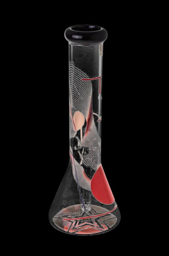Front view of the Famous Design "GOA" Beaker Bong, showcasing a patterned glass design against a dark background.