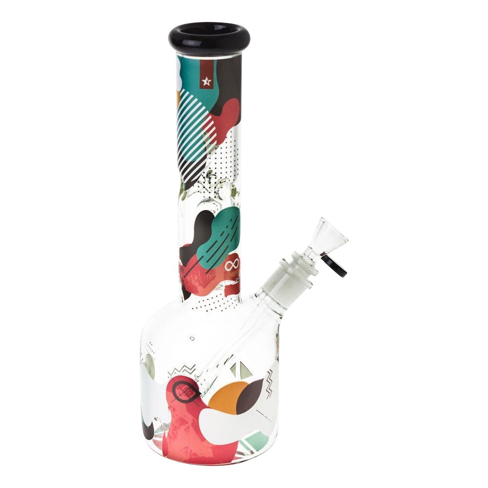 Front-facing view of the colorful 12" Famous Brandz "Aquarius" 12" Glass Water Bong with abstract teal, red, black and white patterns on its straight tube and beaker base.