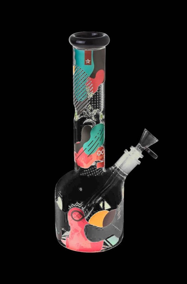 Straight-on view of the Famous Brandz "Aquarius" 12" Glass Water Bong with colorful abstract decals on a black background.