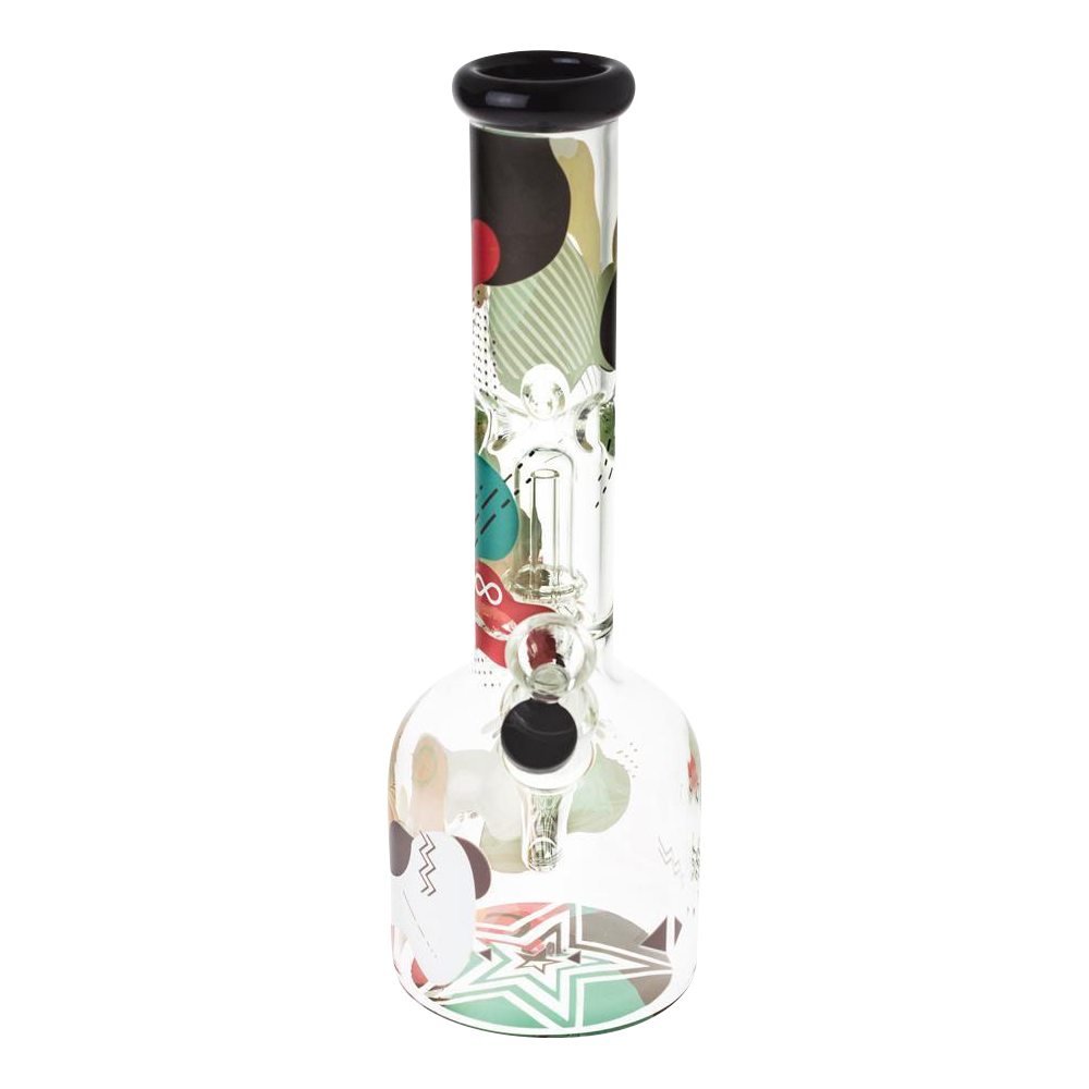 Front view of the Famous Brandz "Aquarius" 12" Glass Water Bong showing its tall clear tube with colorful circular and star decals and a black-rimmed mouthpiece