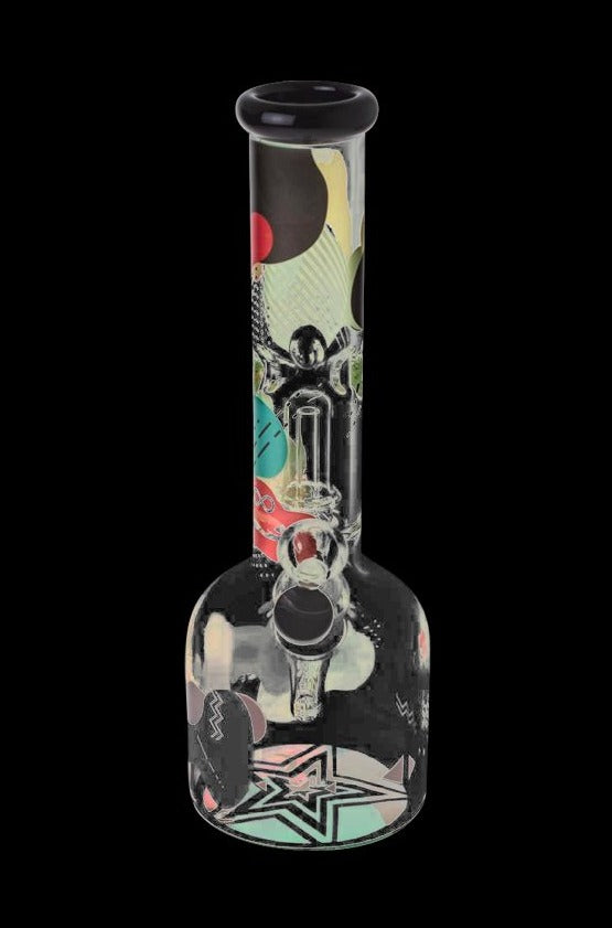Front view of the Famous Brandz "Aquarius" 12" Glass Water Bong showing its tall cylindrical neck and decorated beaker base against a black background.