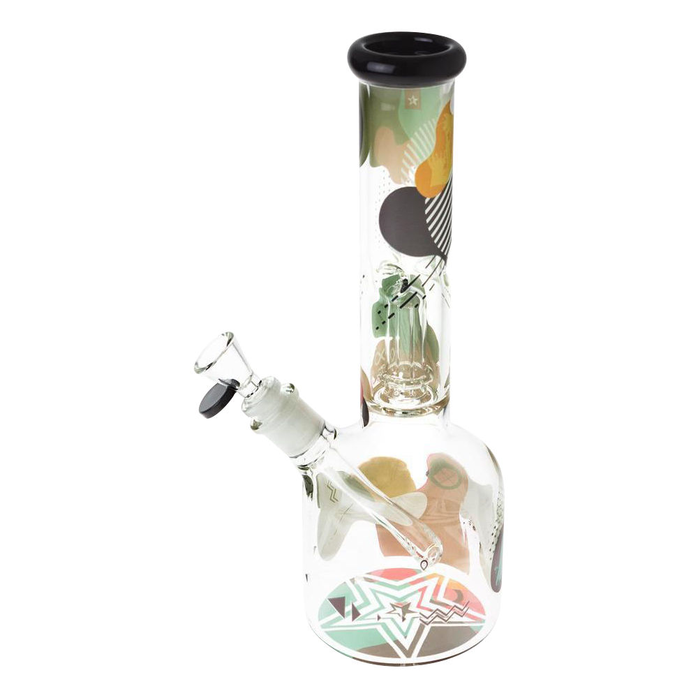 Angled front view of the Famous Brandz "Aquarius" 12" Glass Water Bong showing its clear beaker base and colorful abstract decal up the straight neck.