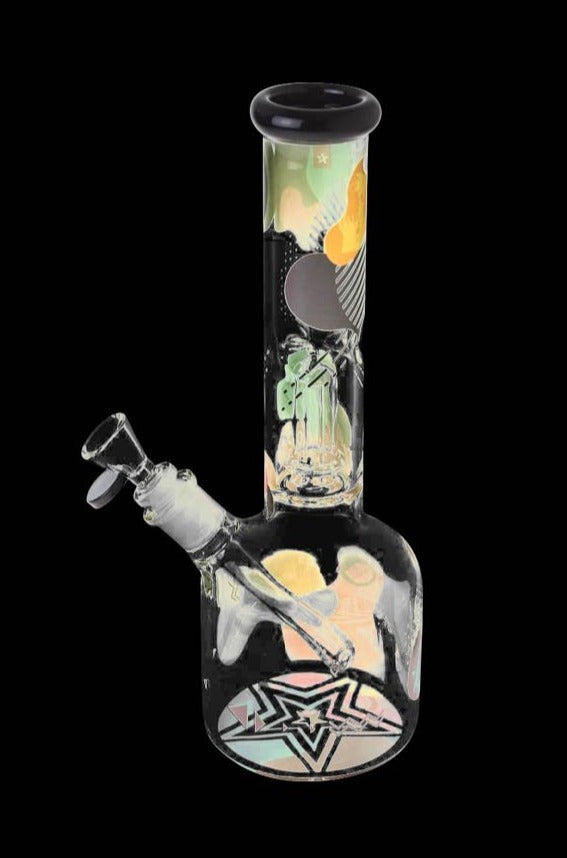 Straight-on view of the Famous Brandz "Aquarius" 12" Glass Water Bong with colorful abstract decals on the neck and a star motif on the base.