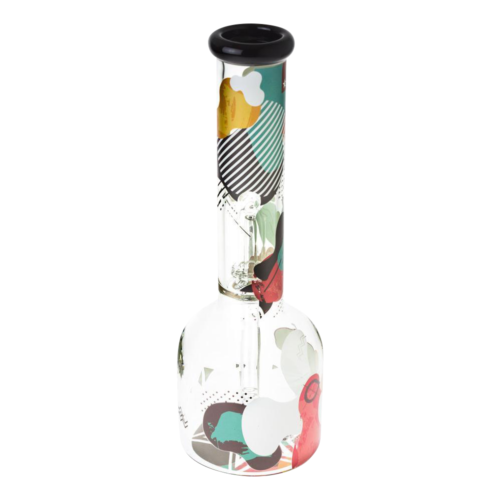Front view of the Famous Brandz "Aquarius" 12" Glass Water Bong showing a clear beaker base and patterned straight neck with colorful abstract graphics.