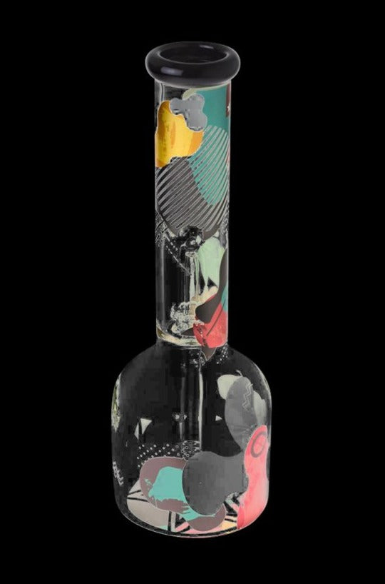 Straight-on view of the Famous Brandz "Aquarius" 12" Glass Water Bong showing its bulbous base and tall decorated neck against a black background