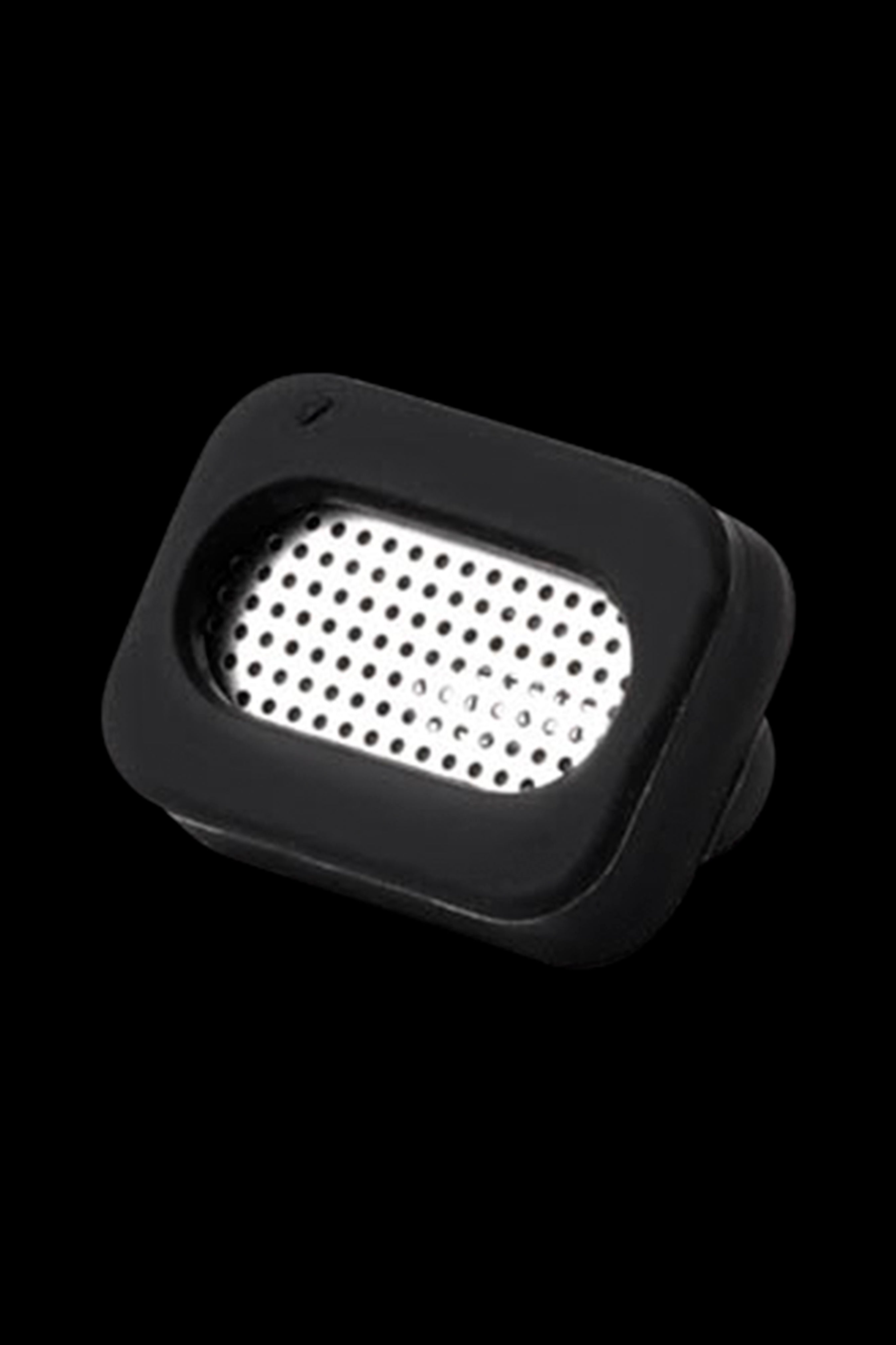 Black cannabis concentrate container with perforated metal insert.