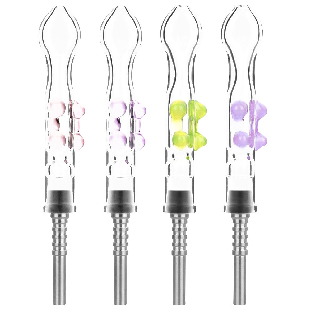 A close-up, angled view of the Flat Pinch Dab Collector with Titanium Tip, showcasing its clear glass construction and slender form.