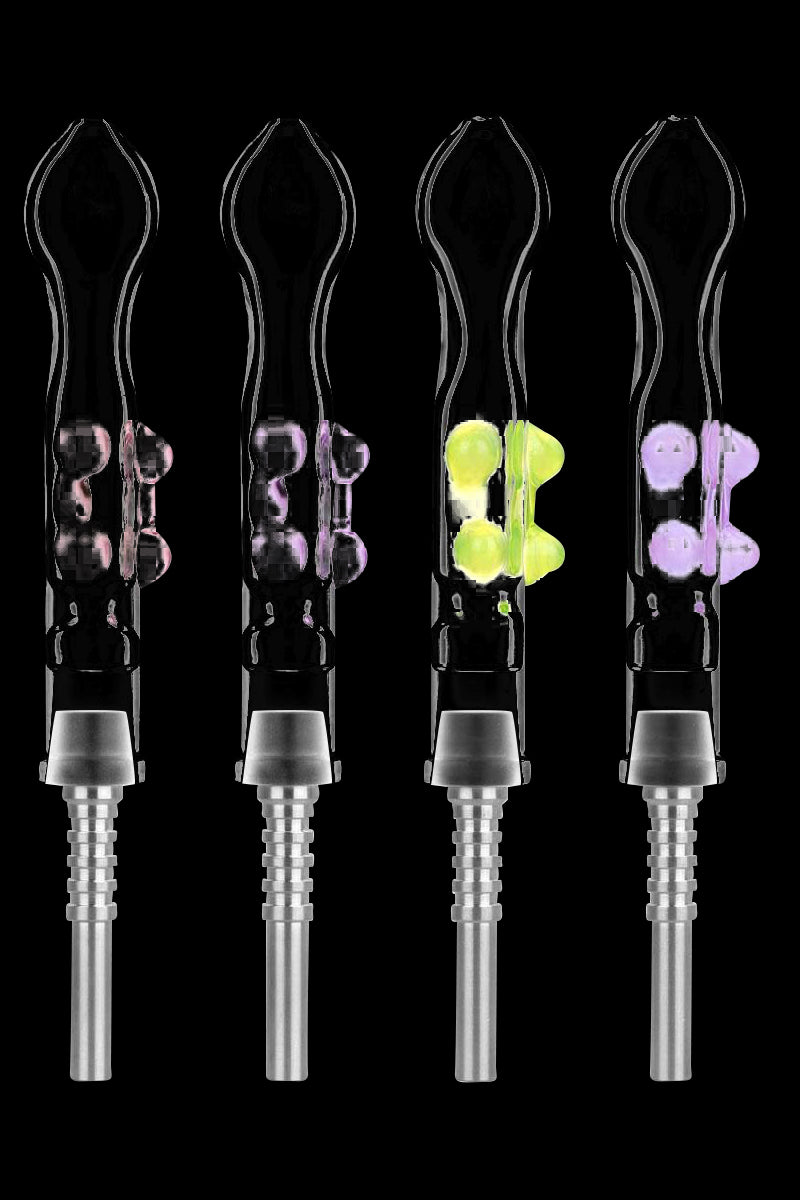 Front view of the Flat Pinch Dab Collector with Titanium Tip, showcasing the clear glass design and metallic tip against a black background.