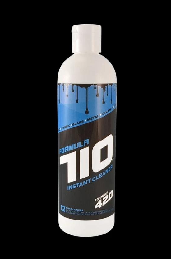 Center-frontal view of a white bottle labeled Formula 710 Instant Cleaner with blue and black drip graphics on a black background