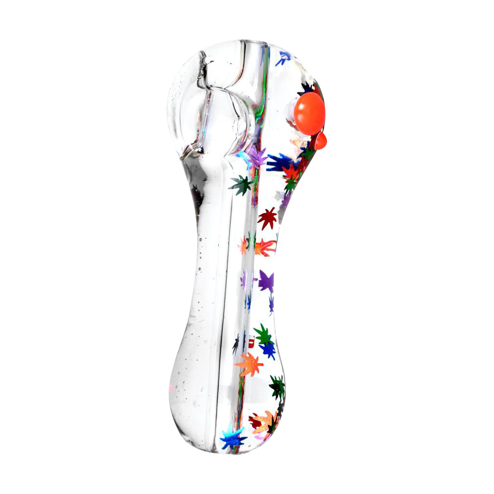 Front view of the Freezable Glycerin Leaf Glitter Spoon Pipe - Assorted Colors, showcasing a clear glass pipe with colorful glitter accents.