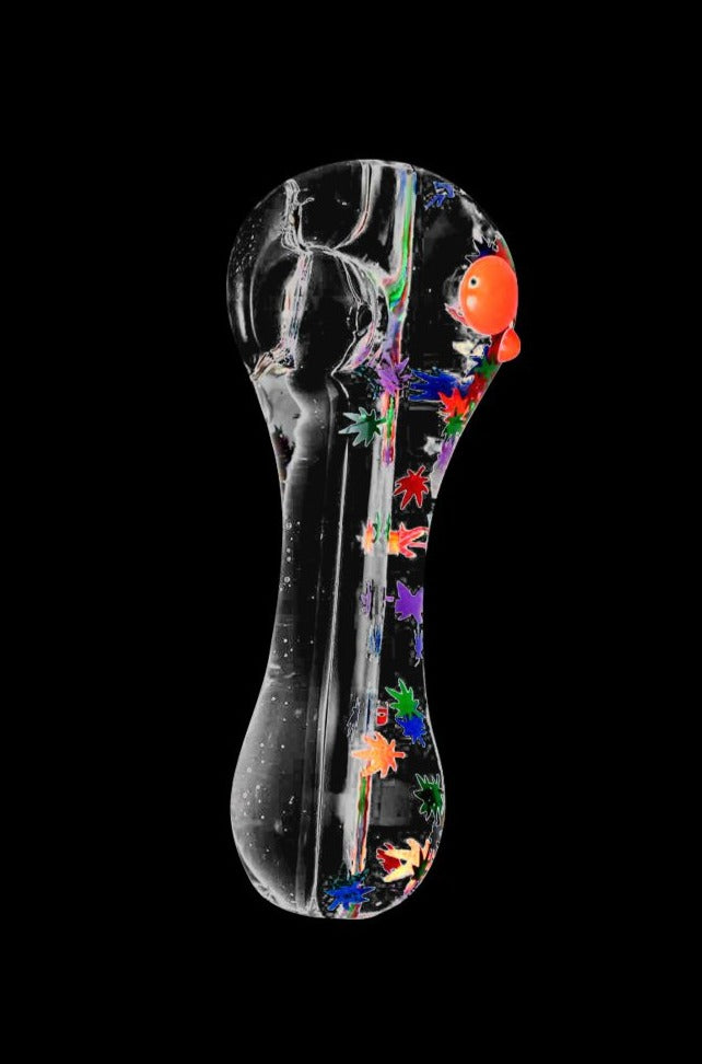 A front view of the Freezable Glycerin Leaf Glitter Spoon Pipe, showing its translucent body with colorful glitter accents.