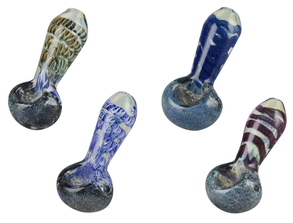 Overhead view of four colorful Smoke Cartel Frit & Cord Worked Spoon Hand Pipe pieces arranged on a white background, each showing unique frit patterns and rounded bowls.