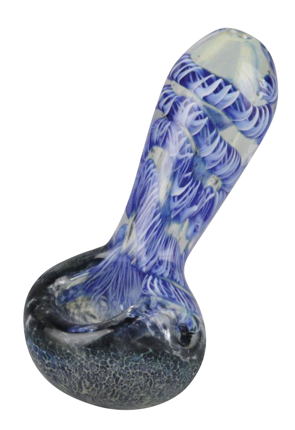 Angled close-up of a glass spoon with blue frit and cord work, the Smoke Cartel Frit & Cord Worked Spoon Hand Pipe shown on a white background.
