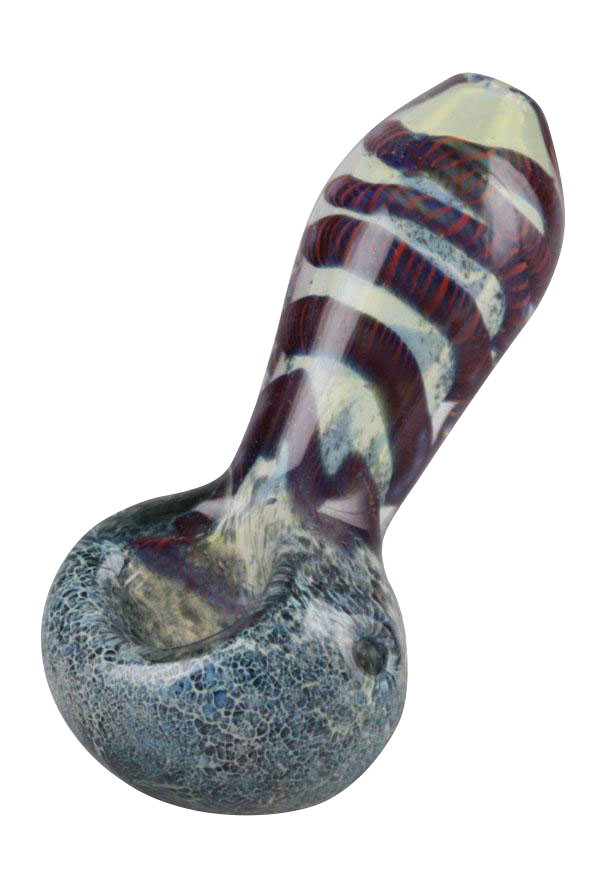 Angled top-down view of the Smoke Cartel Frit & Cord Worked Spoon Hand Pipe showing its mottled blue bowl and twisted purple-and-white corded stem.