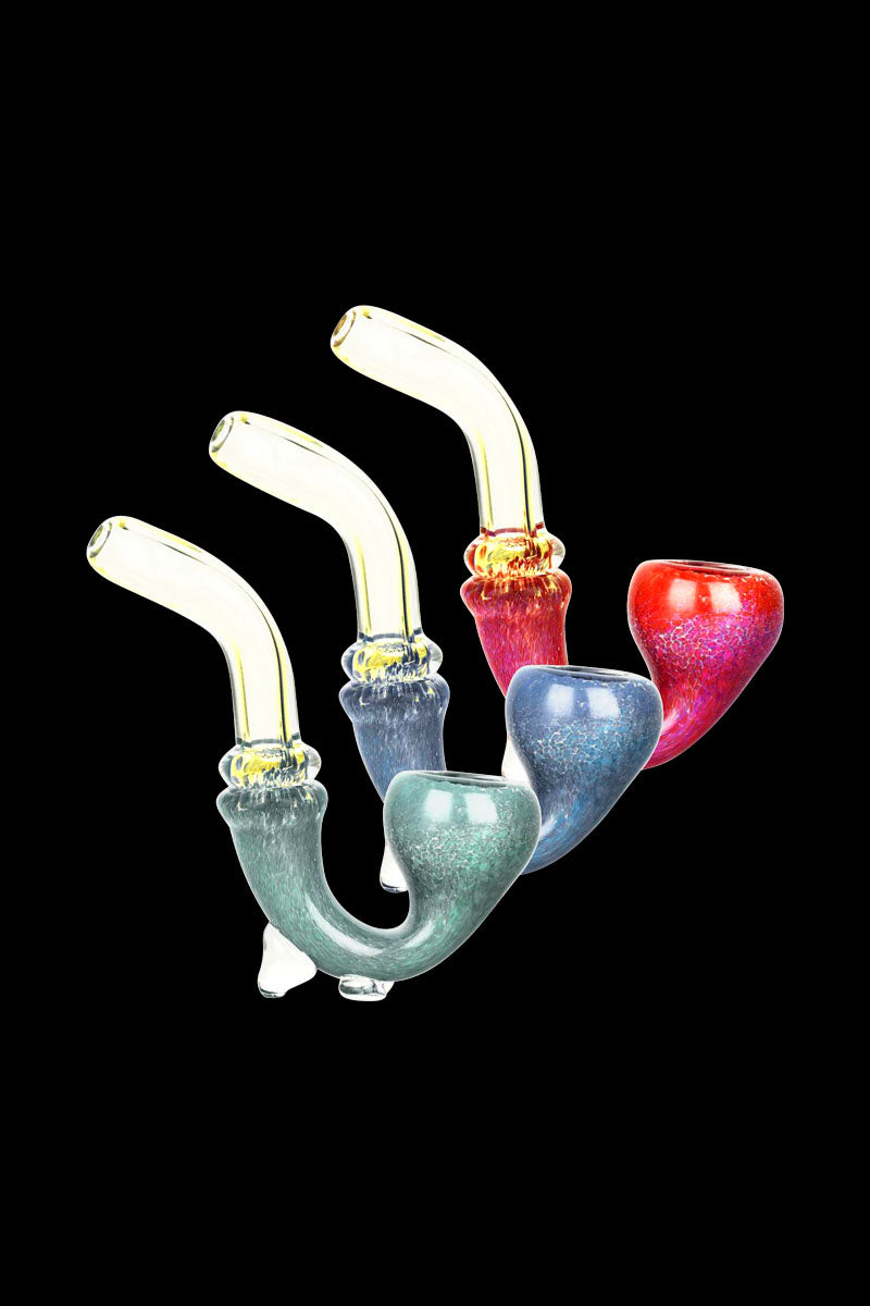 A slightly angled view of the Fritted Flow Stand-up Glass Sherlock Pipe, showcasing its speckled glass and curved design.