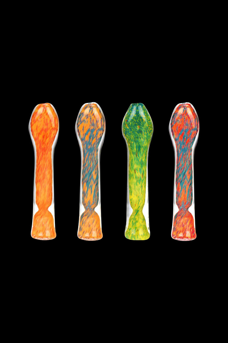 Front view of the Fritted Swirl Flat Mouth Glass Chillum, showcasing its colorful, swirled glass design against a dark background.