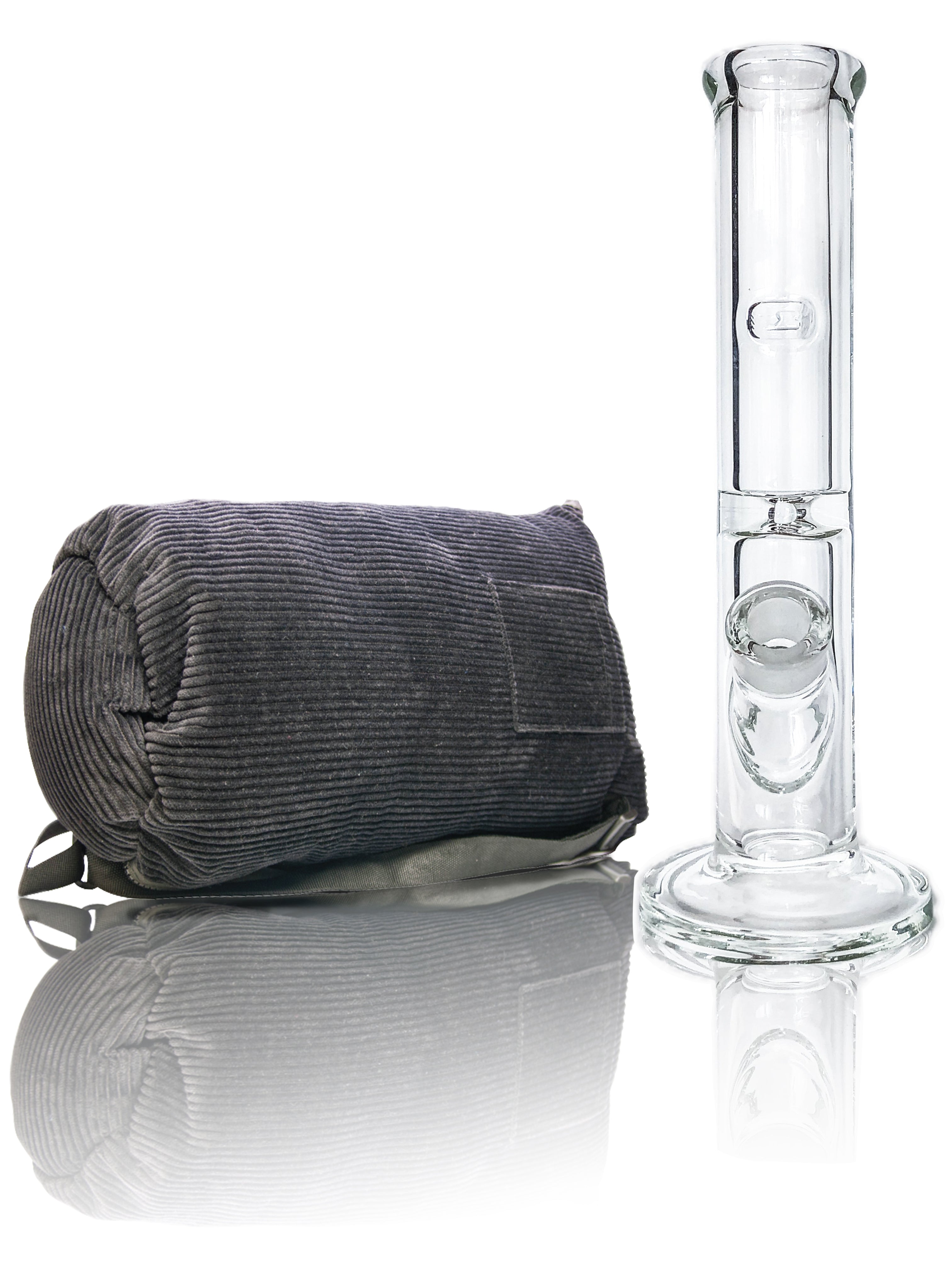 A straight-on view of the Tank Glass Straight Tube Bong, presented with a dark gray roll beside its clear glass body.