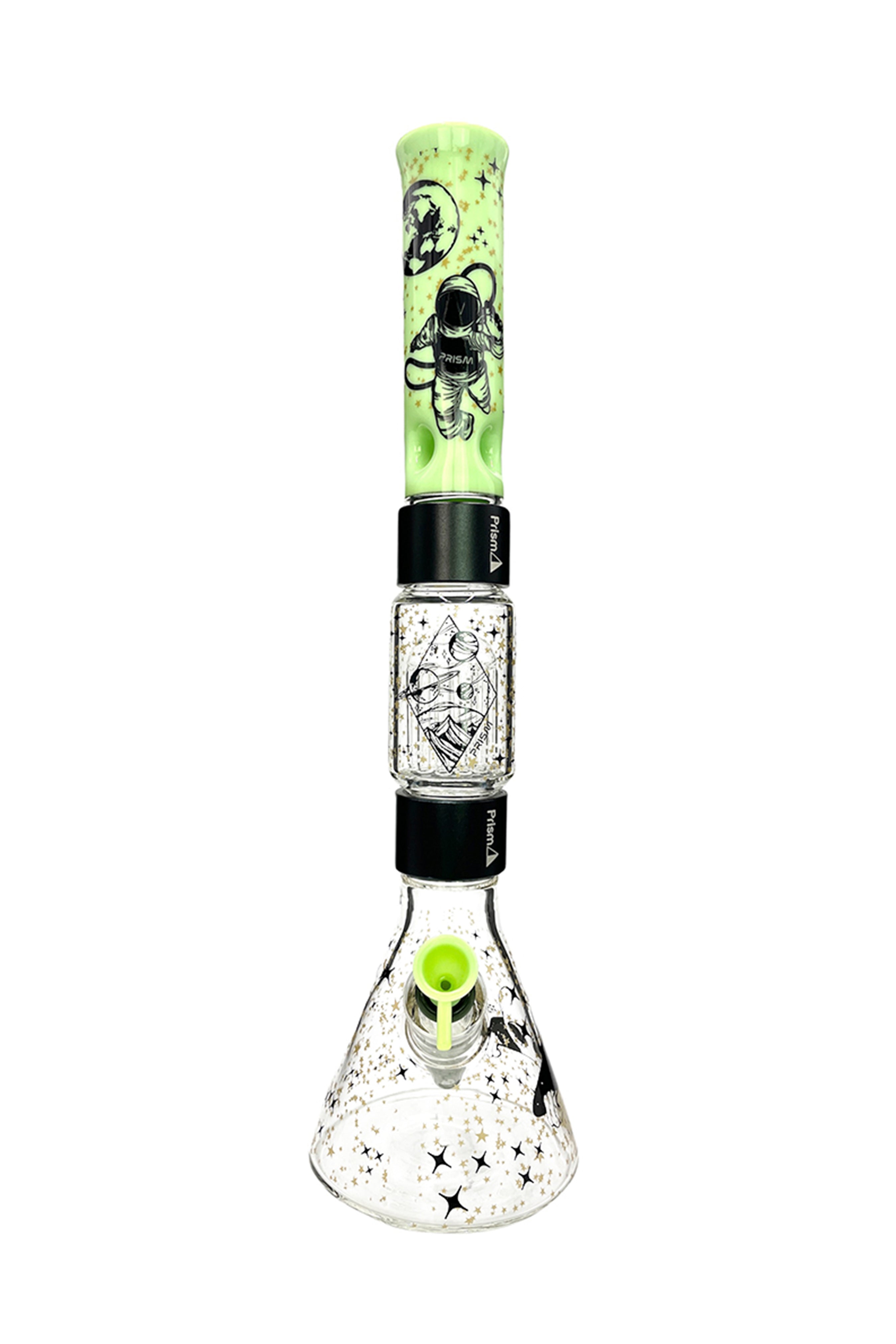 A glass water pipe (bong) with a space-themed design, featuring an astronaut and stars, against a white background.