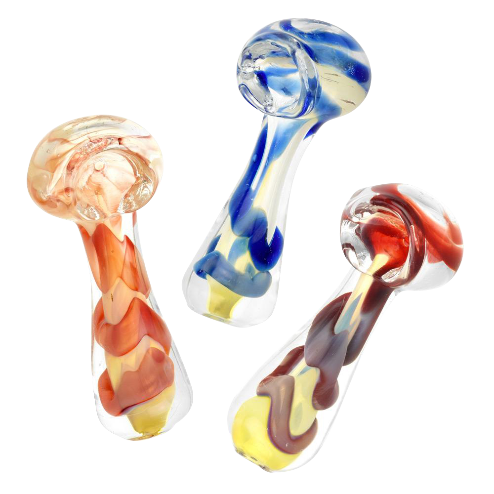A slightly angled view of the Fumed Jumbo Swirl Spoon Pipe, showcasing its colorful, swirling glass pattern against a plain white background.