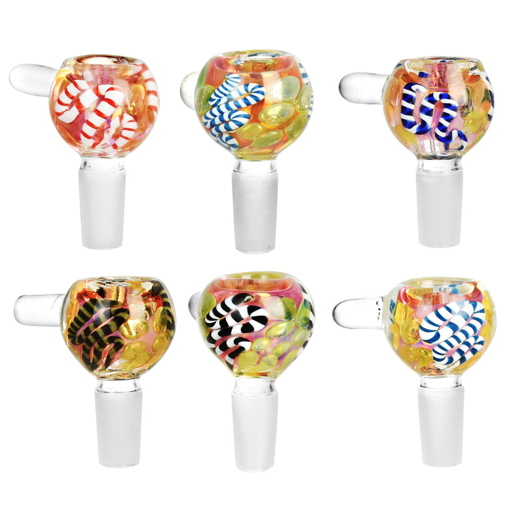Six colorful Fumed Rope Glass Herb Slide bowls shown front-on in two rows against a white background, each with twisted cane accents.
