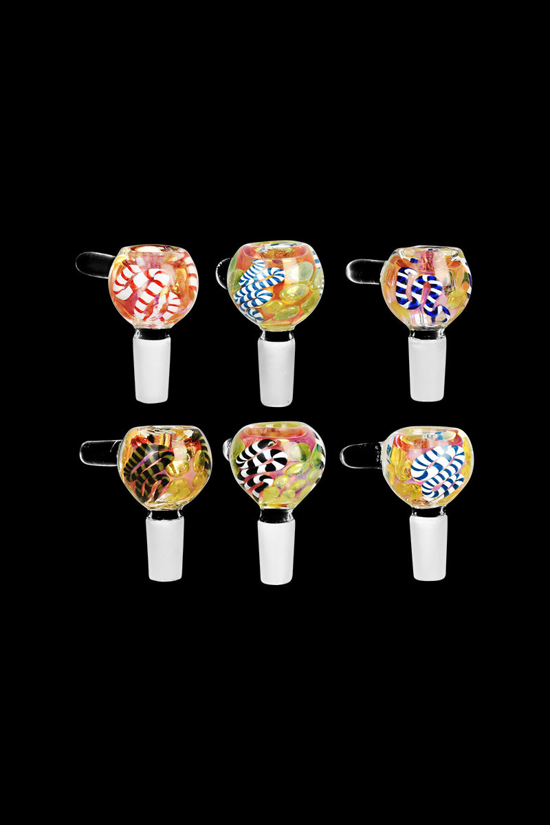 Six-piece grid close-up showing Fumed Rope Glass Herb Slide bowls with colorful twisted cane designs set against a black background